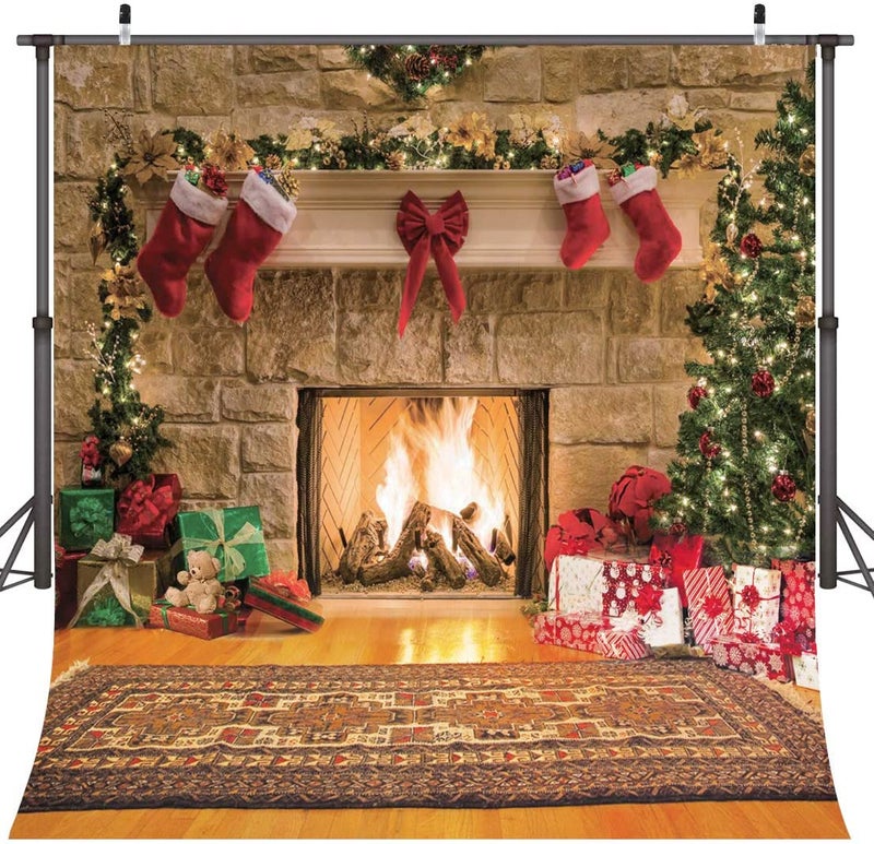 CYLYH 10x10ft Christmas Backdrops Christmas Fireplace Theme Backdrop Tree Sock Decorations for Xmas Party Supplies Photo Background Pictures Banner - Image 3